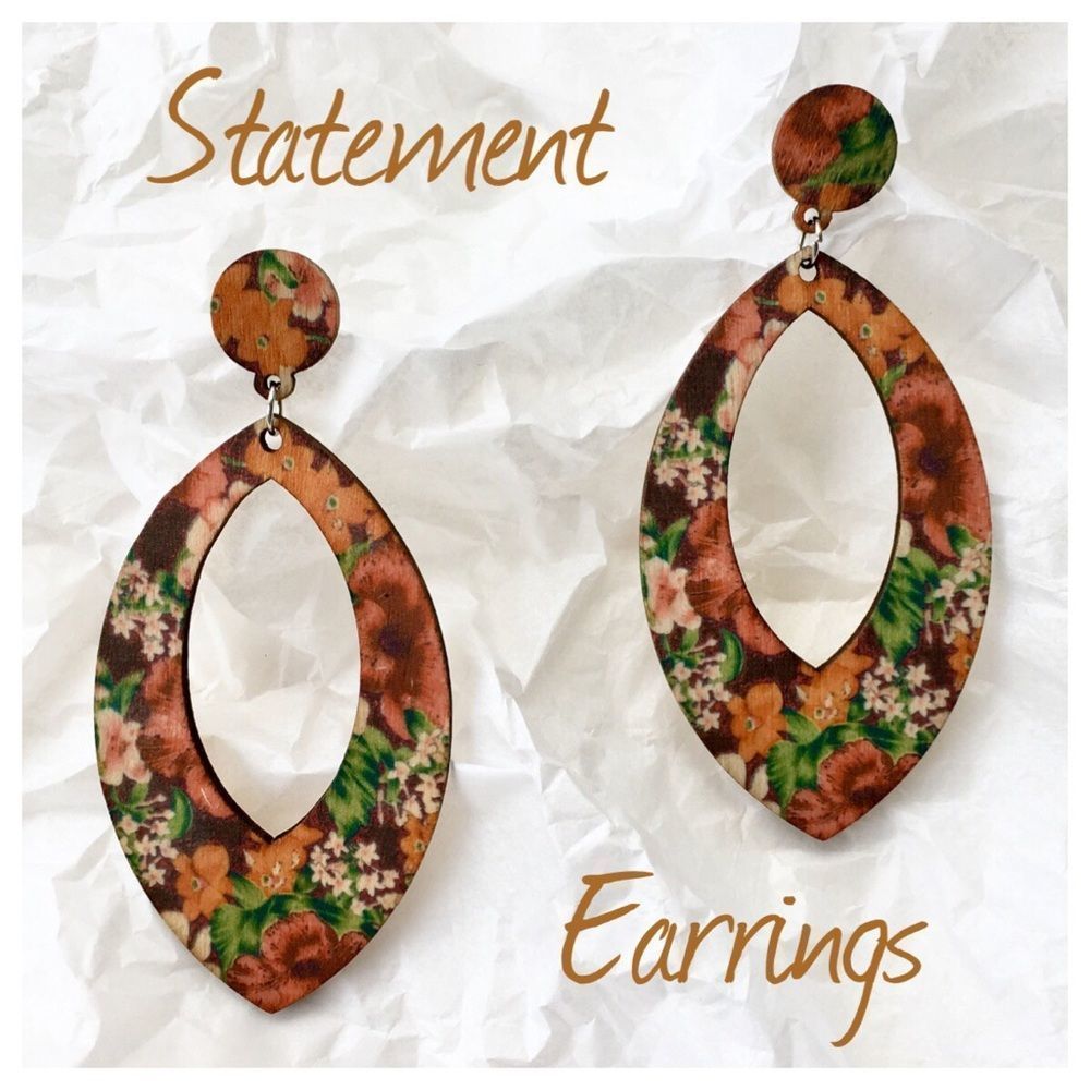 Floral Print Dangle Drop Wooden Statement Earrings